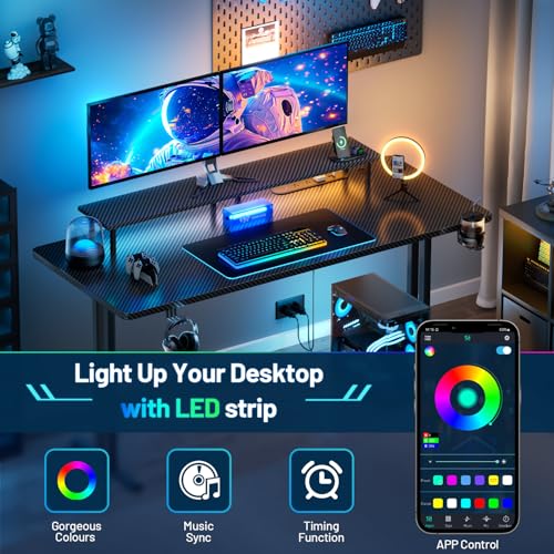 HLDIRECT 47 Inch Gaming Desk with 5 Sockets & LED Lights, Computer Gamer Desk with Monitor Stand, Ergonomic Carbon Fiber Gaming Table Home Office Desk with Cup Holder, Headphone Hook & Mouse Pad
