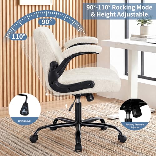 DUMOS Criss Cross Home Office Chair with Wheels, Wide Cross Legged Desk Vanity Chair Comfy Fabric Flip-Up Armrests Adjustable Swivel Chairs for Home Computer Bedroom, Creamy White