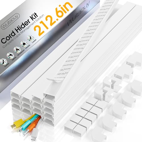 212.6in Cord Hider Wall, Cord Covers for 2-3 Wires on Wall, Paintable Cable Hider Raceway, Easier Set-up Wire Hider Wire Covers for Cords on Wall, Self-Adhesive Cable Cover, W0.95 H0.55in, White
