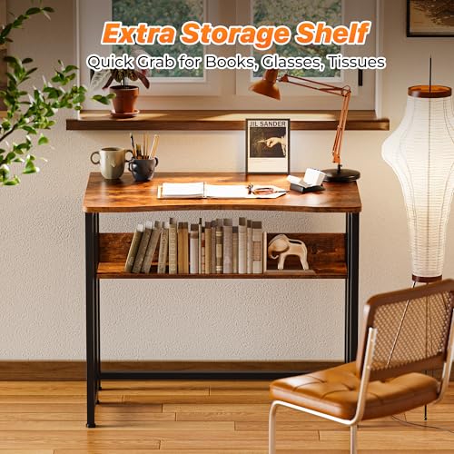 Huuger Folding Desk with Storage Shelf, 31.5 Inch Foldable Computer Table for Small Spaces, Space Saving Sofa Table for Couch, Writing Work Office Computer Desk, Easy to Fold, Rustic Brown