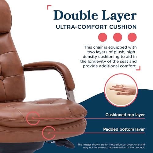 La-Z-Boy Sonata Executive Mid-Back Office Chair, Button-Tufted Seat and Back, Double-Layer Cushion, Padded Armrests, Ergonomic Computer DeskChair, Swivel Metal Base, Bonded Leather, Cognac/Graphite
