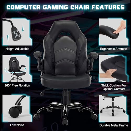 DUMOS Ergonomic Computer Gaming Chair - Home Office Desk with PU Leather Lumbar Support, Height Adjustable Big and Tall Video Game with Flip-up Armrest, Swivel Wheels for Adults, Black
