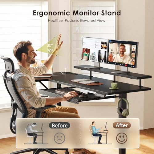 OffiGo 55 Inch L Shaped Electric Standing Desk with Keyboard Tray, Reversible Height Adjustable Corner Computer Desk with Monitor Stand, Sit Stand Up Lift Table for Home, Office, Carbon Fiber Black