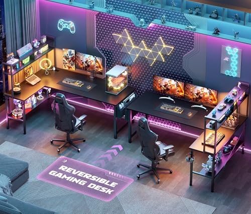 Aheaplus L Shaped Desk Gaming Desk, 59" L Shaped Computer Desk with LED Light & Power Outlet, Reversible Home Office Desk Gamer Desks with Shelves & Storage Bag & Hooks, Corner PC Desk, Black