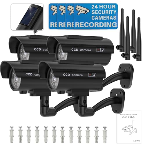 WALI Dummy Fake Camera, Solar Powered Fake Security Camera with LED Light, Simulated Surveillance Security CCTV Dome Cameras with Antenna and Warning Sticker Indoor Outdoor (SOL-TCB4), 4 Packs, Black