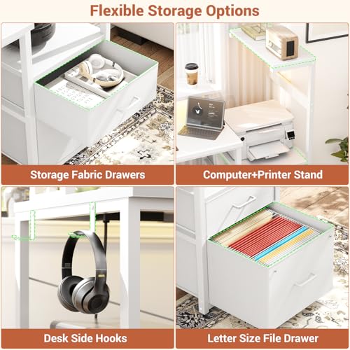 Aheaplus Gaming Desk with LED Strip & Power Outlet, 59Inch Reversible Computer Desk with Monitor Stand & Storage Shelves, Home Office Desks with Fabric File Drawer, Gamer Table PC Desk, White