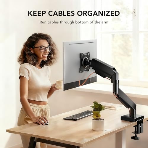 Single Monitor Mount, Gas Spring Arm for 17-32 inch Screens Adjustable Monitor Stand, Vesa Mount Stand with Clamp and Grommet Aluminum Base - Fits 4.4 to 22lbs LCD Computer Monitors HD09B-001