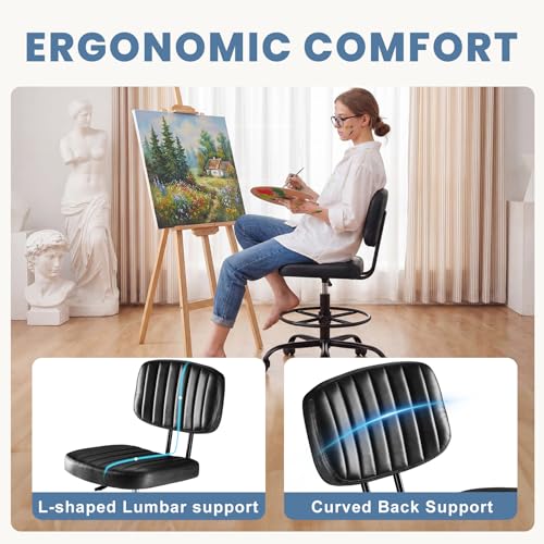 DUMOS Armless Drafting Chair, Low Back Office Seat with Adjustable Footrest Ring for Standing Desk, Ergonomic PU Leather Office Seating, Swivel Rolling High Stool for Studio, Lab, Counter, Black