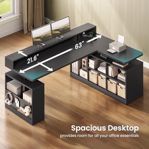 SEDETA L Shaped Gaming Standing Desk, 63 inch Height Adjustable Office Executive Desk with Storage Shelves and Monitor Stand, Computer Gaming Desk with Power Outlet, LED Lights for Home Office, Black