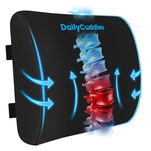 DailyCuddles Lumbar Support Pillow for Office Chair Back Support - Memory Foam Lumbar Pillow for Car or Gaming Chair, Ergonomic Back Cushion with Adjustable Strap for Long-Hour Sitting (Black)