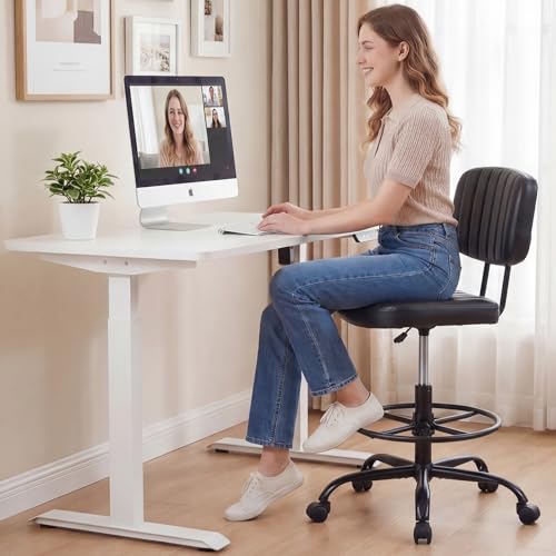 DUMOS Armless Drafting Chair, Low Back Office Seat with Adjustable Footrest Ring for Standing Desk, Ergonomic PU Leather Office Seating, Swivel Rolling High Stool for Studio, Lab, Counter, Black
