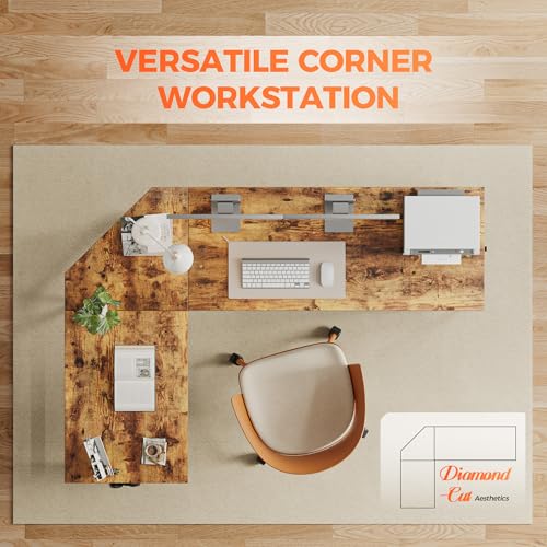 Mericonia 66 inch Large L Shaped Desk, Simple Corner Gaming Desk with CPU Stand & Hooks, Computer Desk for Home, Bedroom & Office Workspace, Rustic Brown