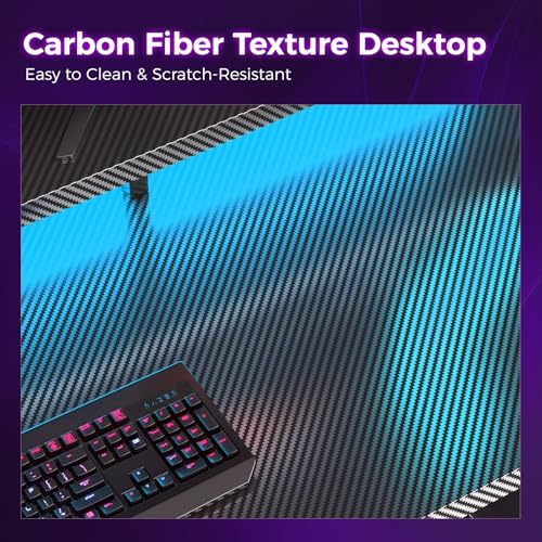 AODK 48 Inch Gaming Desk with LED Lights, Computer Desk with Storage Shelves, Reversible Desk with Monitor Stand, Carbon Fiber Black