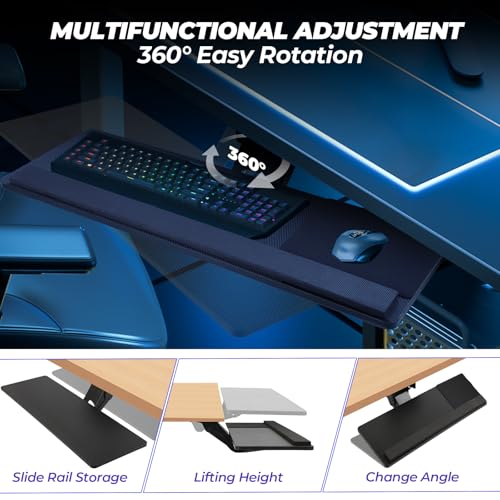 Ergonomic Keyboard Tray Under Desk，Large Size Keypad Tray Holder， 360° Adjustable Slide Out Keyboard Tray Under Desk with Mouse Pad & Wrist Rest， Suitable for Office/Game/Home