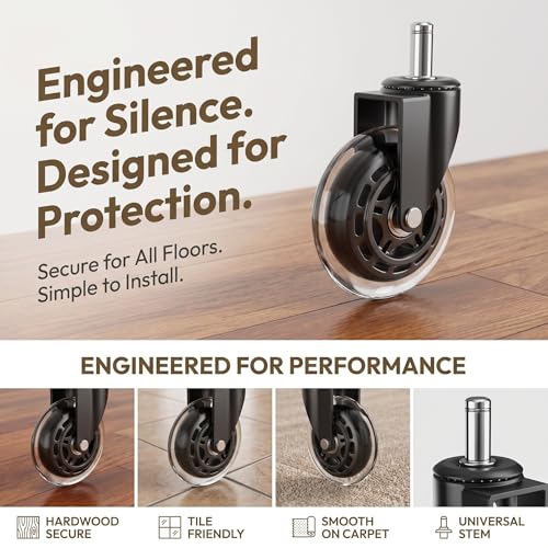 Office Chair Wheels Replacement, Transparent 3 Inch Heavy-Duty Computer Gaming Desk Rubber Casters,Smooth & Silence Gliding for All Floors Including Hardwood Carpet, Set of 5