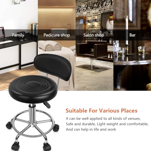 KKTONER PU Leather Modern Rolling Stool with Low Back Height Adjustable Work Salon Drafting Swivel Task Chair with Footrest (Black)