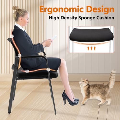 CLATINA Mesh Back Stacking Arm Chairs with Upholstered Fabric Seat and Ergonomic Lumber Support for Office School Church Guest Reception Black 4 Pack Set New Version