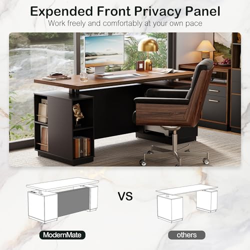ModernMate 71" Electric Standing Executive Desk with Privacy Panel, Large One-Piece Height Adjustable Stand Up Desk, Power Outlet & Storage for Home Office, Black Walnut