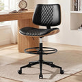 BERYTH Drafting Chair with Adjustable Footrest, Armless Modern Tall Office Chair for Standing Desk, PU Leather Swivel Stool in Curved Bentwood Style, Ergonomic Rolling Walnut Chair for Office(Black)