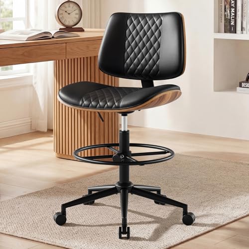 BERYTH Drafting Chair with Adjustable Footrest, Armless Modern Tall Office Chair for Standing Desk, PU Leather Swivel Stool in Curved Bentwood Style, Ergonomic Rolling Walnut Chair for Office(Black)