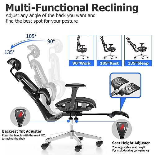 PatioMage Ergonomic Office Chair with Footrest, Big and Tall Desk Chair with Adjustable Lumbar Support, Seat Depth & 3D Armrests, High Back Mesh Computer Chair for Home Office, Black
