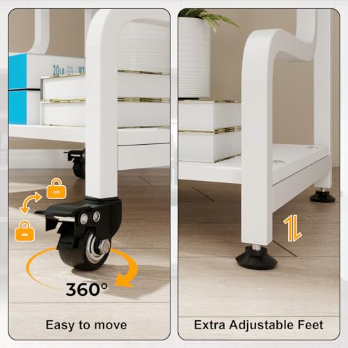 Natwind 3-Tier Printer Stand with Wheels Movable Storage Cart Floor-Standing Multi-Purpose Shelf Rack for Media Player Scanner Files Books Microwave Oven in Kitchen Living Room Home Office (White)