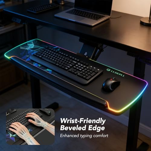 LLDEPLL Keyboard Tray Under Desk with Storage Drawer, Height Adjustable Keyboard Tray Slide Out 360° Swivel Tilt, Ergonomic Under Desk Mount Keyboard & Mouse Pad Lighting for Gaming Home Office