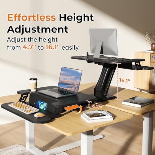 JYLH JOYSEEKER 28" Standing Desk Converter, Height Adjustable Clamp Desktop Riser with Keyboard Tray, Sit Stand Monitor Riser Workstation for Home Office, Magnets Inclued, Black