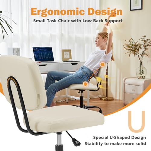 Sweetcrispy Small Office Desk Chair - Armless PU Leather with Comfy Lumbar Support, Height Adjustable Rolling Swivel Task for No Arms, for Adult, Student, Bedroom, Home, Vanity, Beige White