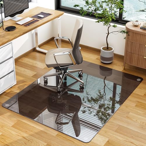 GLSLAND 46" × 55" [Tempered Glass] Chair Mat – Durable Office Chair Mat on Carpet with 0.2" Thickness, 4 Non‑Slip Pads, Sleek & Sturdy Matte Gray Finish, Smooth Glide & Easy Clean, Blue & Grey