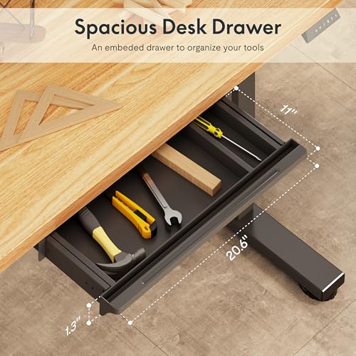 FLEXISPOT Electric Adjustable Workbench, 55x28 Inches Ergonomic Worktable with Drawer and Wheels for Garage, Workshop and Office, Spacious Desktop for Woodworking and Crafts, Maple, 4 Packages