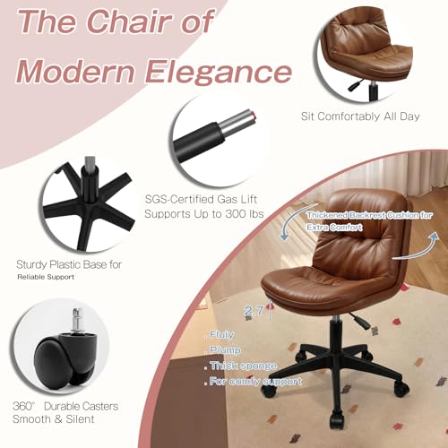 Office Chair, Ergonomic Desk Chair with Padded Cushion & Backrest, Adjustable Height & 360° Swivel, Armless Task Chair for Home Office, Computer Desk & Vanity Brown 1