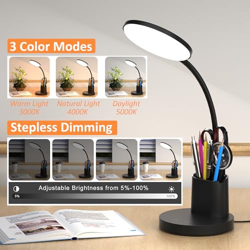 Vicsoon Desk Lamp, LED Desk Lamps for Home Office, Touch Table Lamp with 3 Color Modes 360° Adjustable Arm, Dimmable Desk Light with Pen Phone Holder for College Dorm, Black