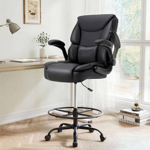 Ergonomic Drafting Chair, Tall Office Chair for Standing Desk, High Back Standing Desk Chair with Flip-Up Armrest, Adjustable Height&Foot Ring, Executive PU Leather Extended Height Office Chairs,Black