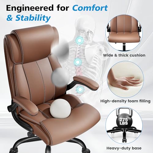 Stella Mia Ergonomic Office Chair – High Back Leather Desk Chair with Adjustable Lumbar Support & Flip-Up Arms, Premium Padded Seat for Home Office Desk, Brown