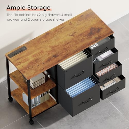 Maihail 6 Drawer File Cabinet with Charging Station Rolling Printer Stand with Open Storage Shelf Fabric Lateral Filing Cabinet for Home Office,Rustic Brown