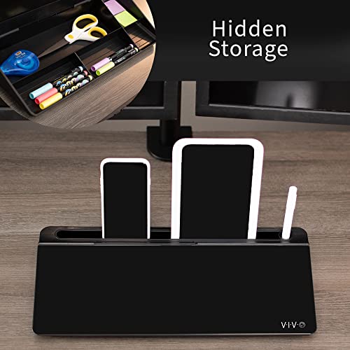 Vivo Glass 16 x 7 inch Dry Erase Board with Storage, Desktop Whiteboard Organizer with Hidden Compartments and Device Slot, Black, DESK-WB16B