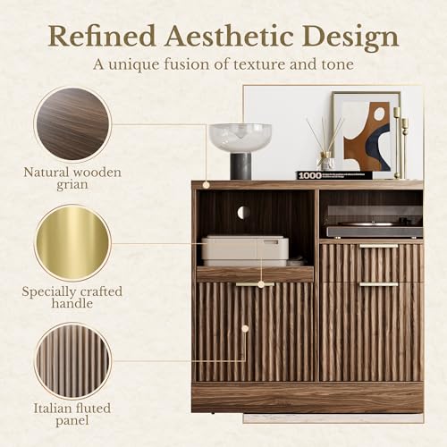 Perledesign 3 Drawer File Cabinet, Fluted Wood Lateral Filing Cabinet with Charging Station for Home Office, Fits for A4/Letter-Sized Files, Printer Stand with Open Storage Shelves, Black Walnut