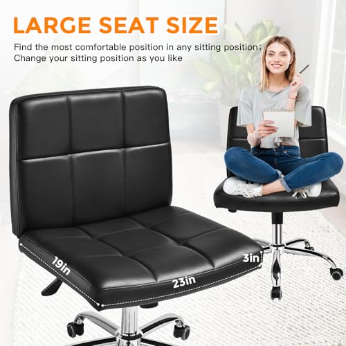 OUTMASTER Black Office Chair with Wheels - 360° Swivel Armless Back Support，Comfortable Pu Adjustable Rolling Desk Chairs for Office，Home，Vanity，Bedroom，Big Space (Widened Black)