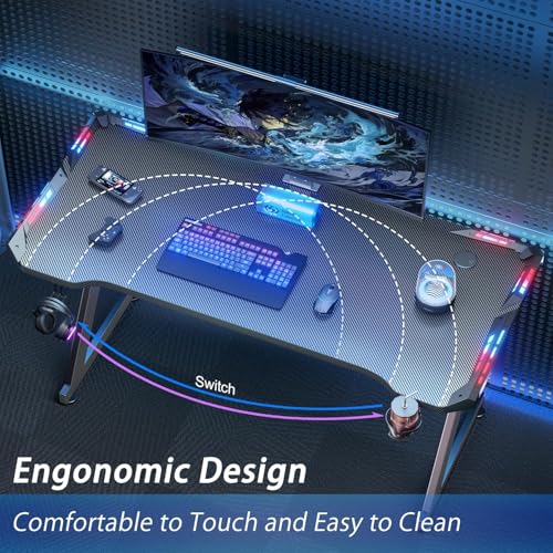 HLDIRECT 47 Inch Gaming Desk with LED Lights, Ergonomic Computer Gaming Table with Carbon Fibre Surface, Sturdy PC Workstation Desk for Home Office with Headphone Hook, Cup Holder, Black