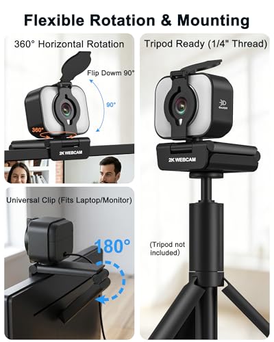 Atatat 2K Webcam for PC with Microphone & Light & Privacy Cover, Web Camera for Desktop/Laptop/Monitor/Mac, Autofocus USB Computer Camera for Zoom/Skype/Teams/Video Calling/Meeting/Streaming