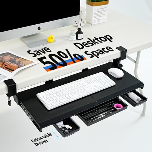 OUKMIC Large Height Adjustable Keyboard Tray with Sturdy C-Clamp Mount and Storage Drawer, 27"(31" Including Clamps) x 12" Slide Out Ergonomic Keyboard Trays for Home and Office, Black