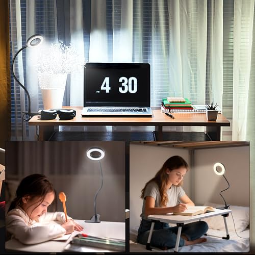 Woputne Desk Lamp Clip Light, 10 Dimmable Brightness 3 Light Modes Reading Light, Clamp Bedside Lamp for Painting, Craft, Study (Black)