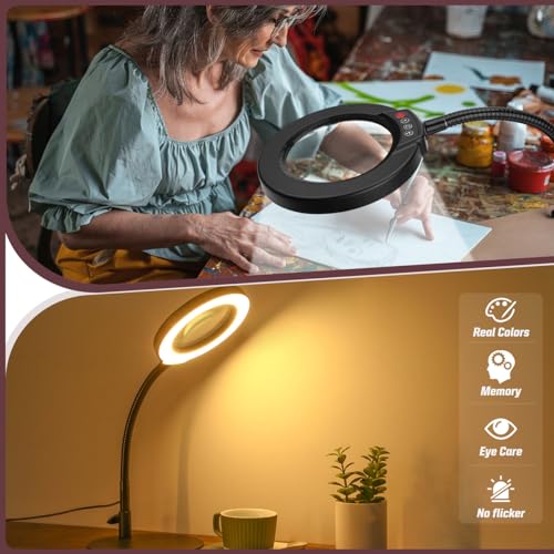 Krstlv 10X Magnifying Glass with Light and Stand, 5 Color Modes Stepless Dimmable LED Lighted Desk Lamp, Hands Free Magnifier with Flexible Goose-Neck for Craft Hobby Painting Sewing Close Work