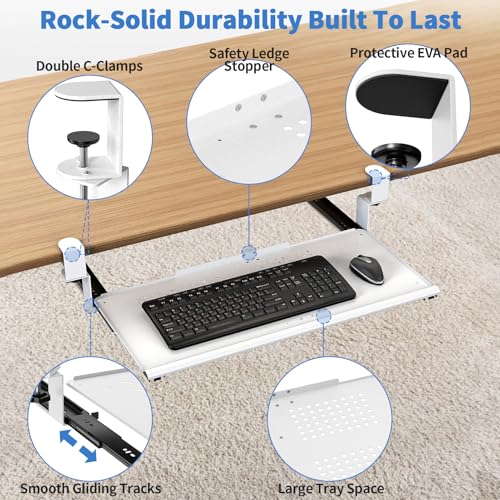 Strifuture Keyboard Tray Under Desk - Full Metal Slide Out Holder, Rust-Resistant & Scratch-Proof, Double C-Clamps, 26x13" Tray for L Shape/Regular Desks, Standing/Sitting Workstation(White-B)