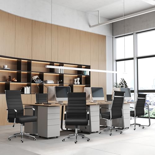 Office Desk Chair, Leather Conference Room Chairs with High Back,Wheels and Arms, Modern Ergonomic Ribbed Height Adjustable Swivel Executive Chair for Home Office (Black)