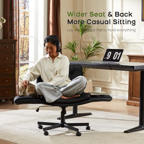 amseatec Criss Cross Office Chair, PU Leather Vanity Chair with 5-Level Adjustable Armrests & Swivel, Ergonomic Criss Cross Chair for Home Office Bedroom Makeup（Black）