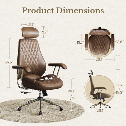 Perledesign High Back Office Chair with Lumbar Support - Ergonomic Executive Desk Chair, Adjustable Swivel Computer Chair in Premium Faux Leather for Home Office Comfort, Brown
