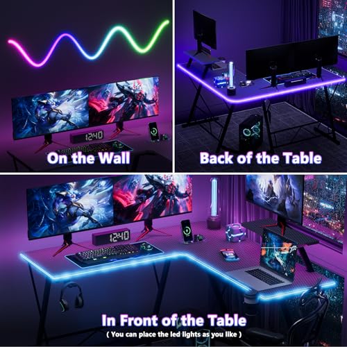 Mr IRONSTONE Gaming Desk with LED Lights, L Shaped Desk Corner with Cup Holder & Headphone Hook, Computer Desk Home Office Desks with Large Monitor Stand, Carbon Fiber Surface, Black 51 Inch