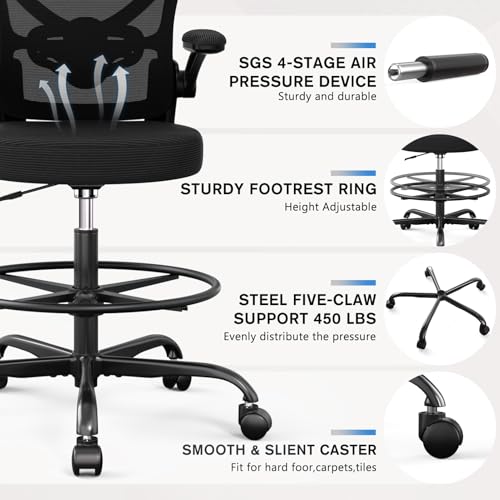 Alolo Drafting Chair,Big and Tall Office Chair with Footrest Ring,Ergonomic Chair for Counter Height and Standing Desk Comfy with Lumbar Support and Flip-up Armrests in Heavy Rolling Base,Black